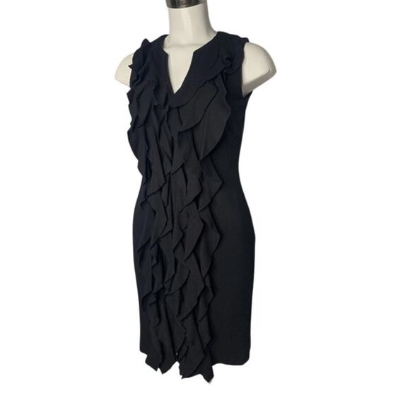 Calvin Klein Black Ruffle Dress Size 12 Stretch Ponte Knit V-Neck Sheath Work - Picture 1 of 10